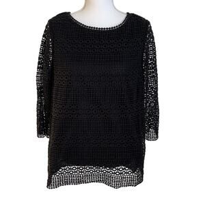 Talbots Top Women's 1XP Petite Black Crochet Lace Style Layered Lining Blouse